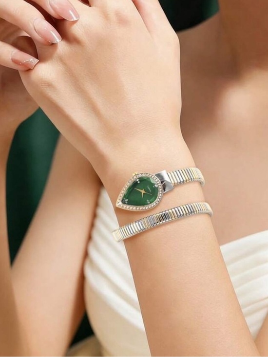 Luxury Green Crystal Snake Wrap Watch | Gold & Silver Two-Tone Bracelet Watch